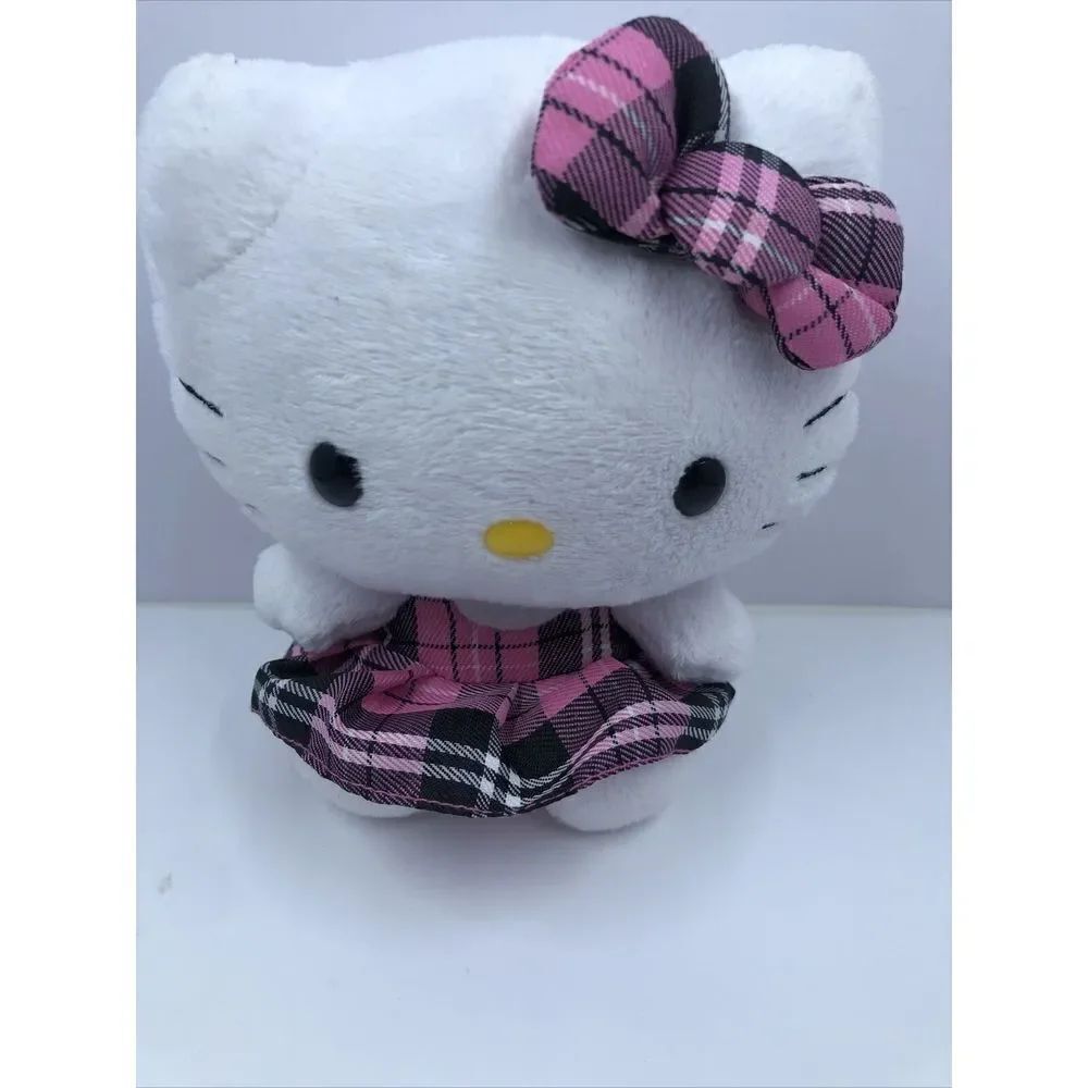 Ty Hello Kitty Plush 6” Stuffed Animal Pink Plaid Bow Dress Soft Toy By Sanrio